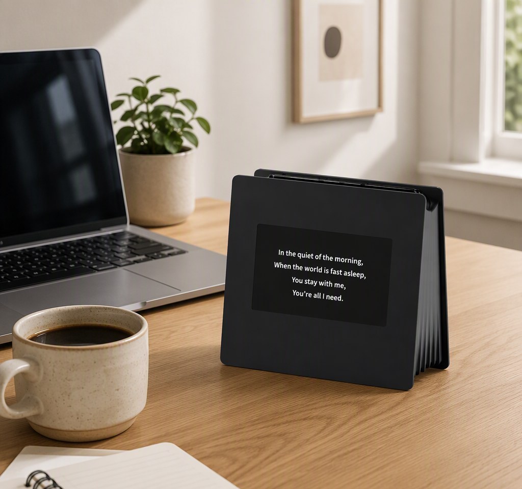 LD-4.3 mini lyrics display on a home office desk showing synced lyrics