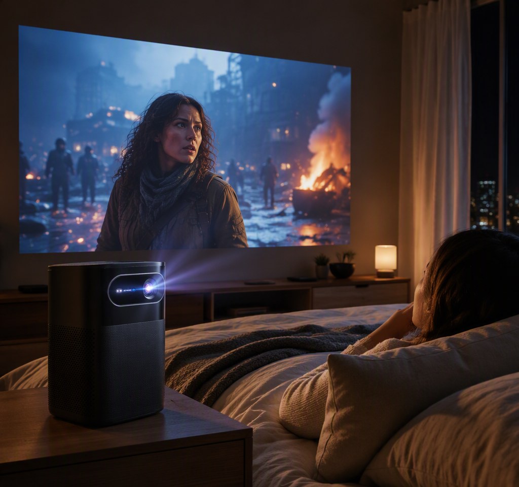 PJ-250 black tower projector on a bedroom dresser projecting a movie